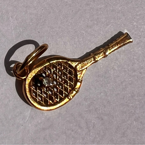 Vintage 14kt Two Tone Yellow Gold Diamond Tennis Racket Charm Pendant - Picture 5 of 5